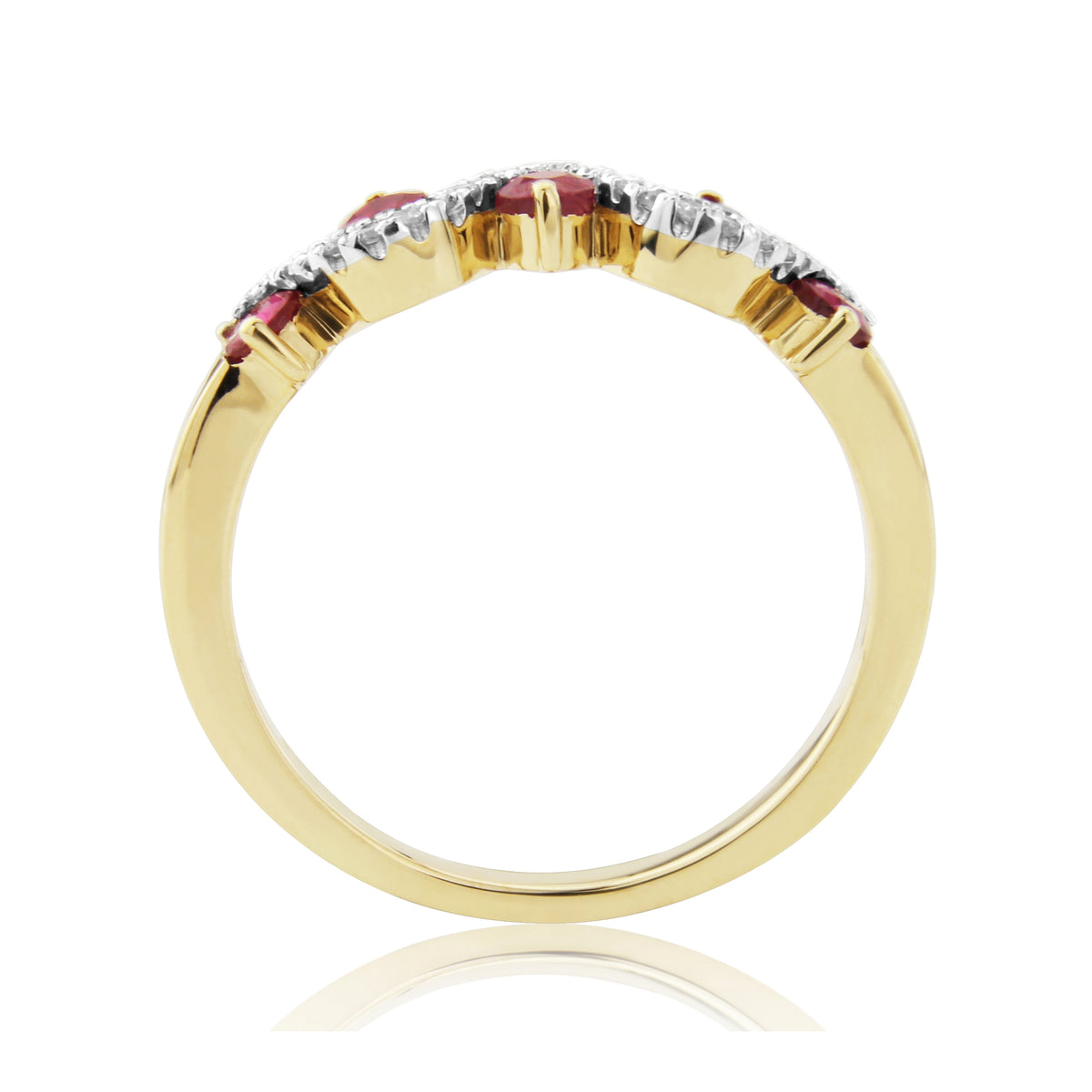 9ct gold 2.30mm round ruby & diamond set wave eternity ring 0.10ct