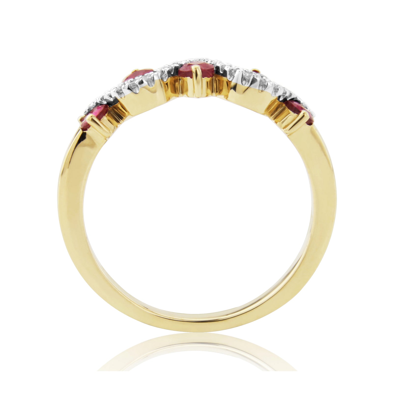 9ct gold 2.30mm round ruby & diamond set wave eternity ring 0.10ct