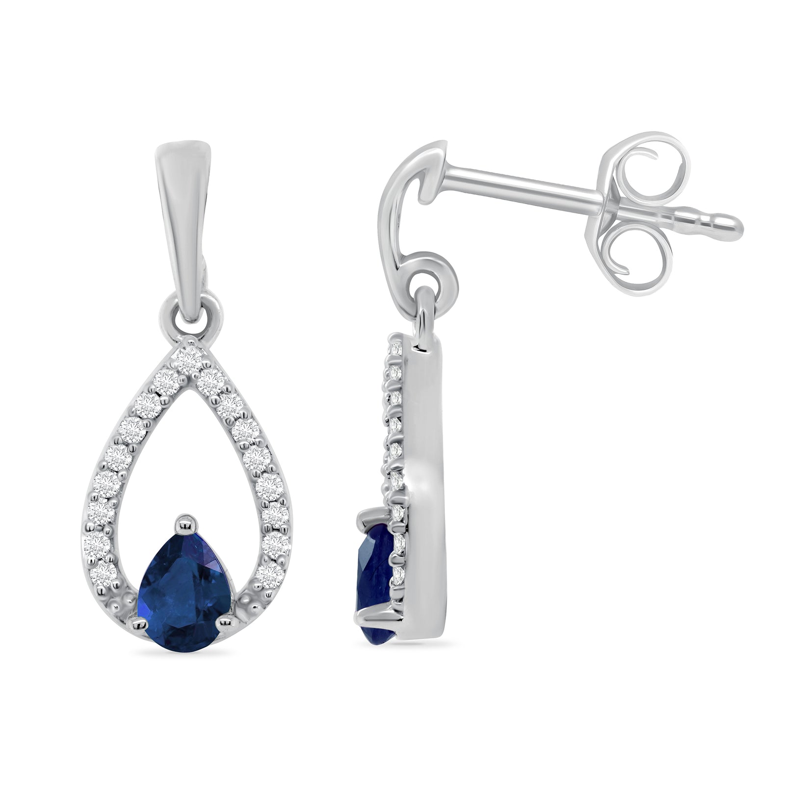 9ct white gold 4x3mm pear shape sapphire & diamond drop earrings 0.10ct