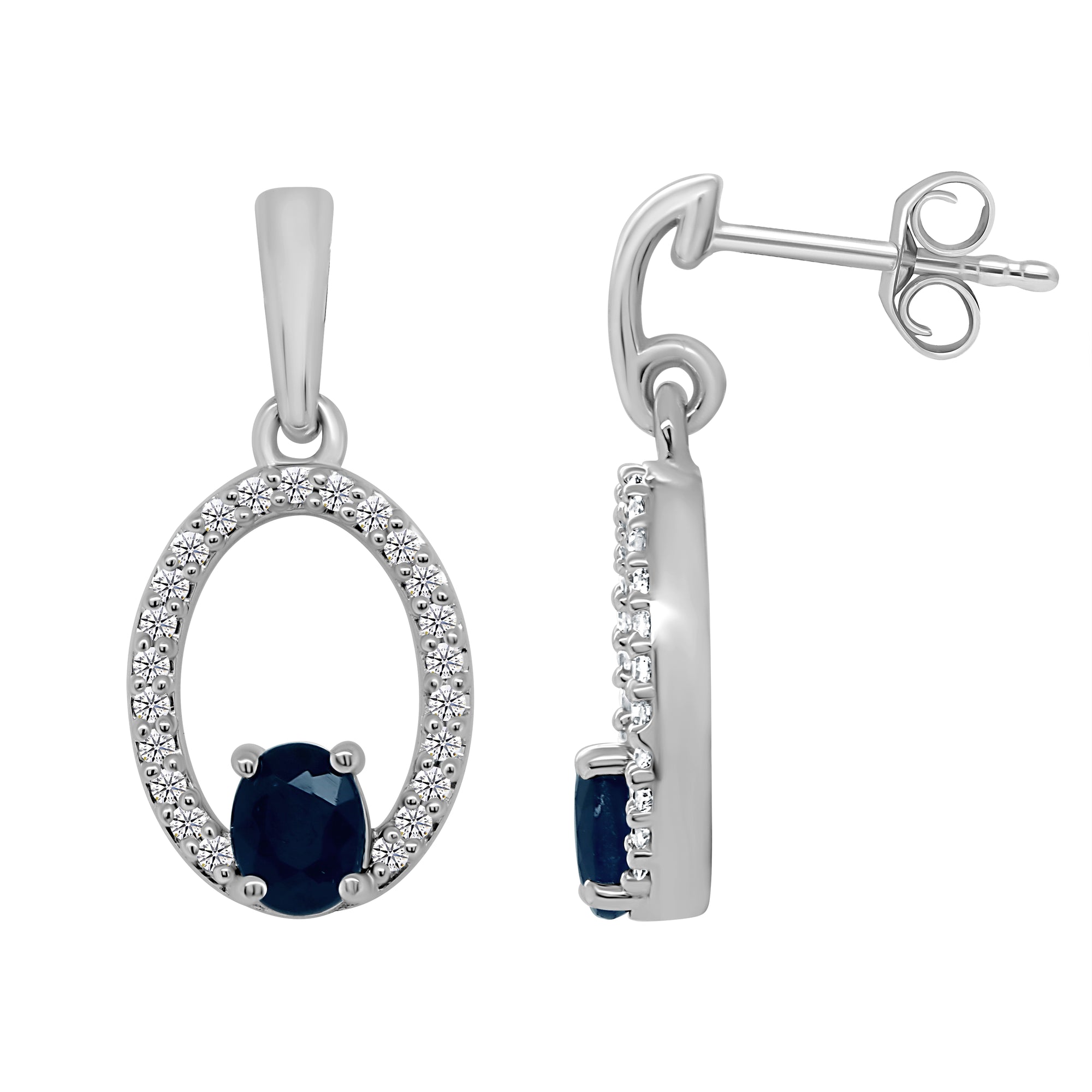 9ct white gold 4x3mm oval sapphire & diamond drop earrings 0.14ct