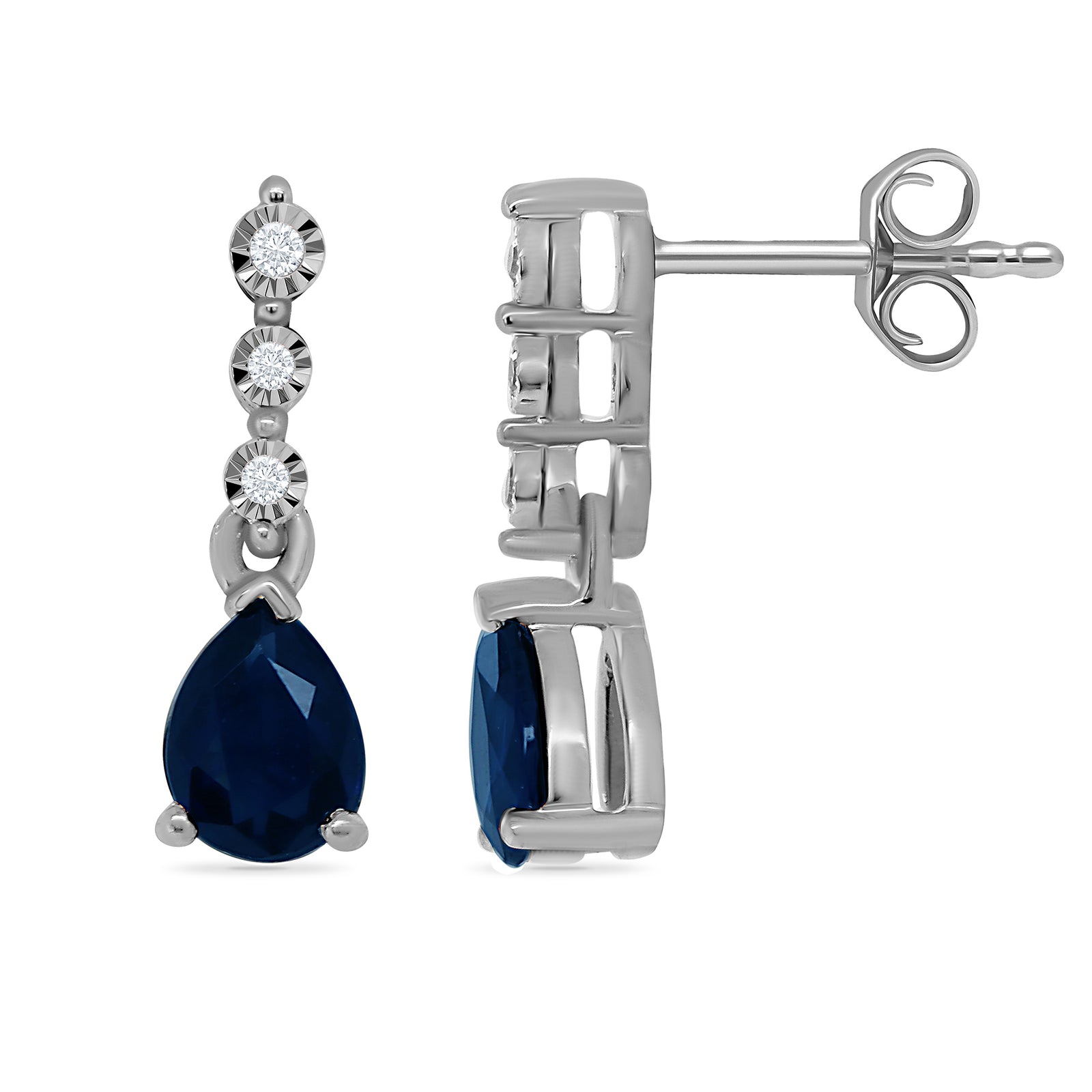 9ct white gold 5x4mm pear shape sapphire & miracle plate diamond drop earrings 0.02ct