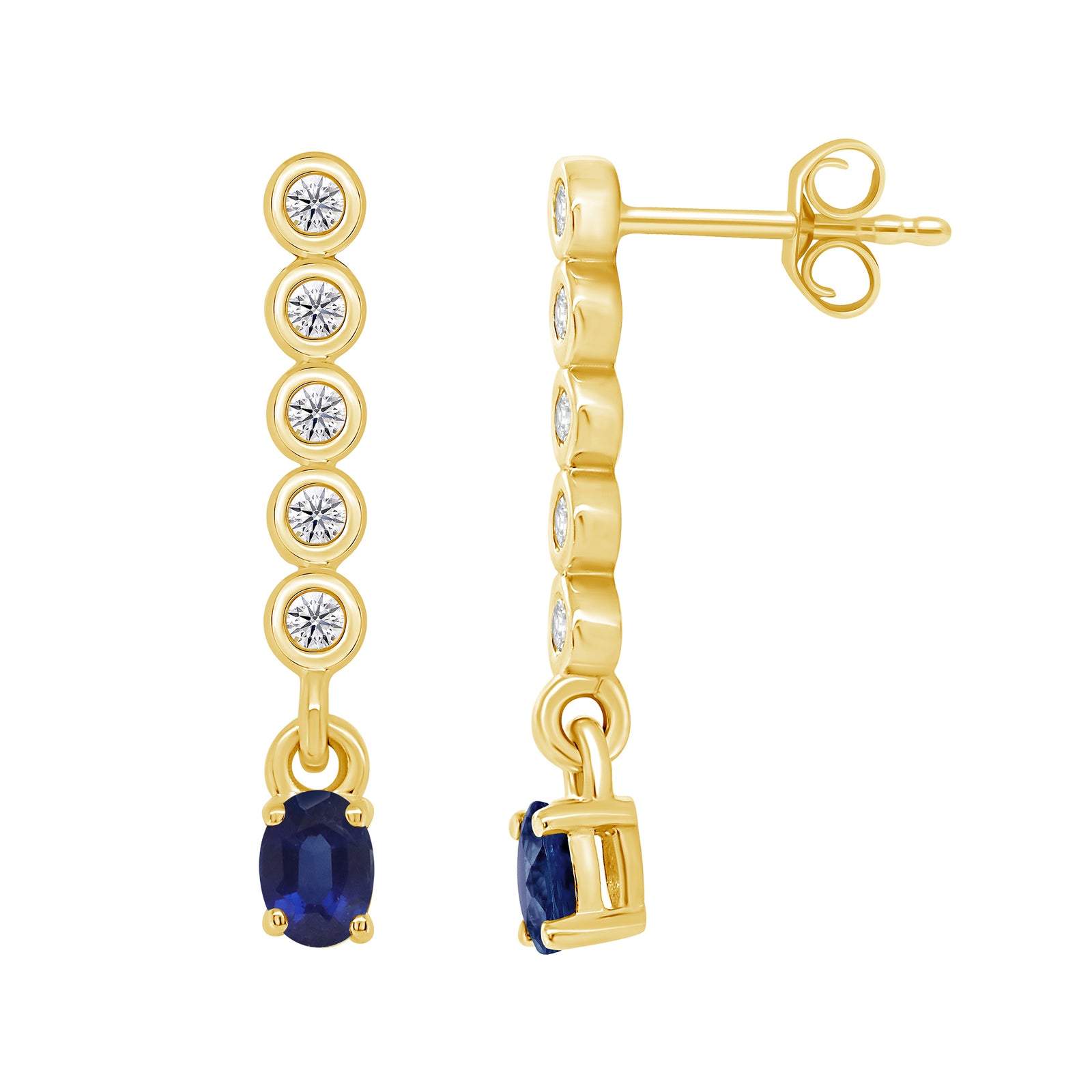 9ct gold 3.5x2.5mm oval sapphire & diamond long drop earrings 0.10ct