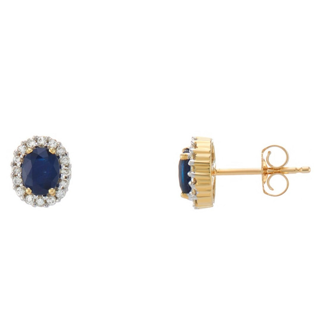 9ct gold 5x4mm oval sapphire & diamond cluster stud earrings 0.17ct