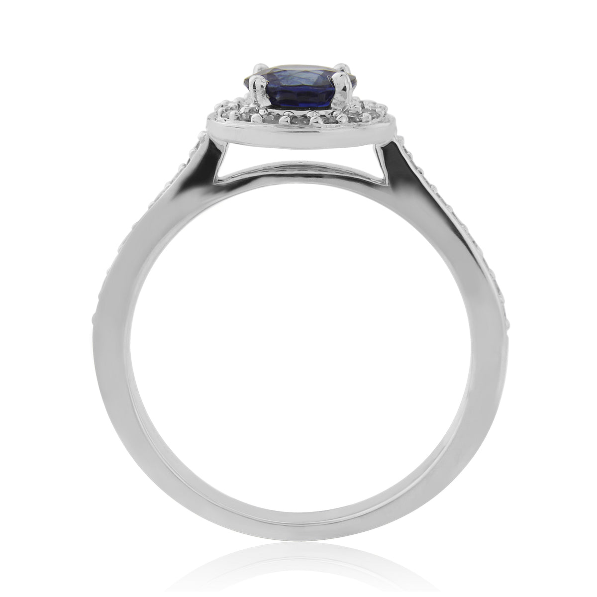 9ct white gold 5.50mm round sapphire & diamond cluster ring with diamond shoulders 0.21ct