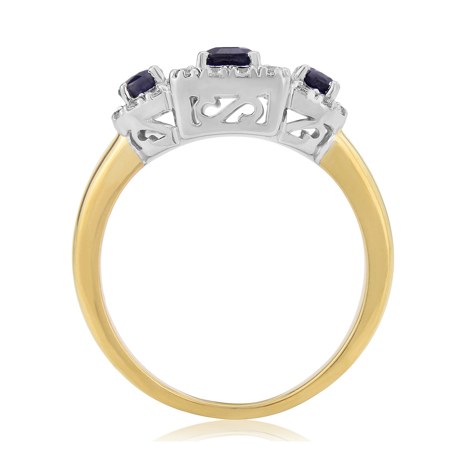 9ct gold triple sapphire (Em 6x4mm & Ov 4x3mm) & diamond cluster ring 0.27ct