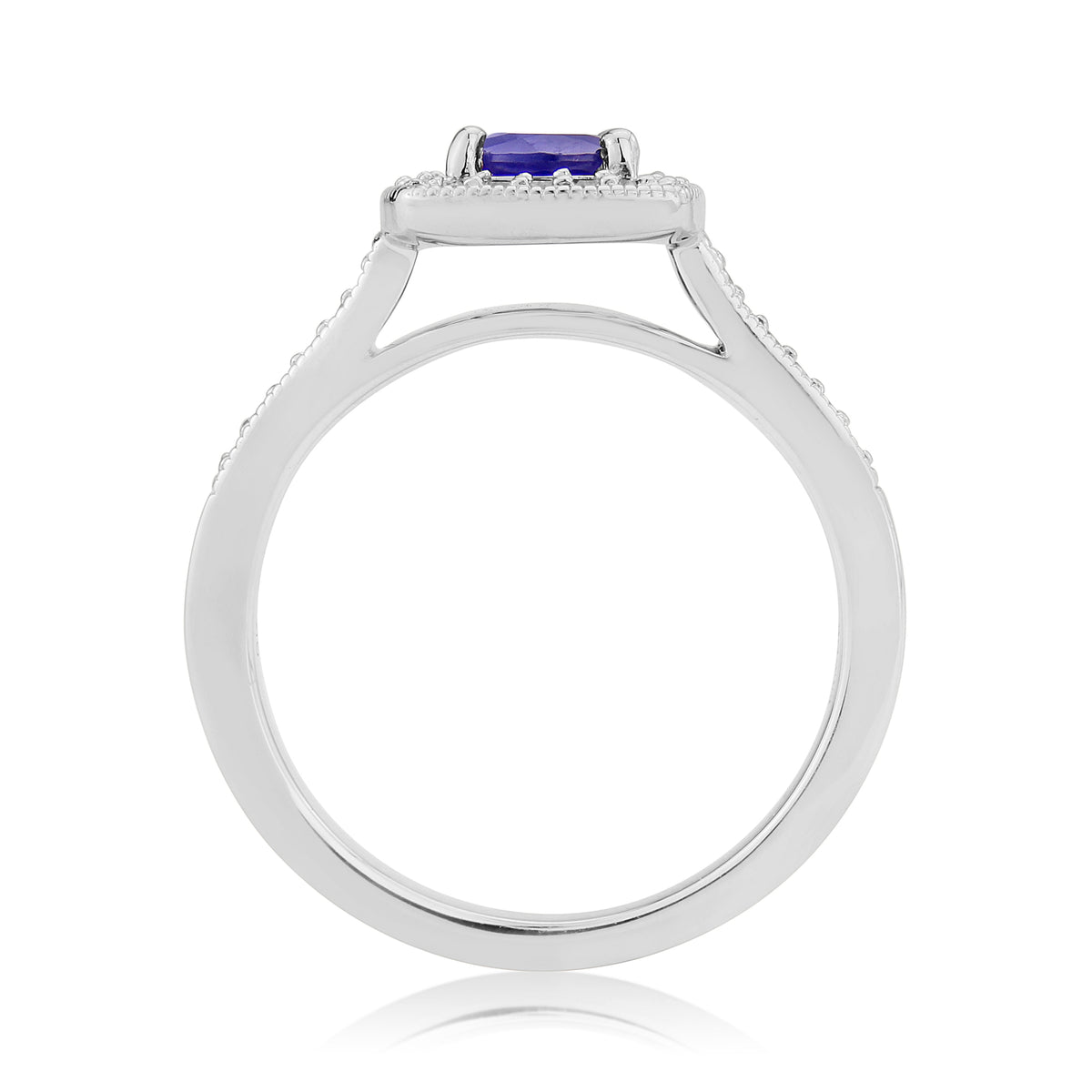 9ct white gold 5mm round sapphire & diamond cluster ring with diamond set shoulders 0.17ct