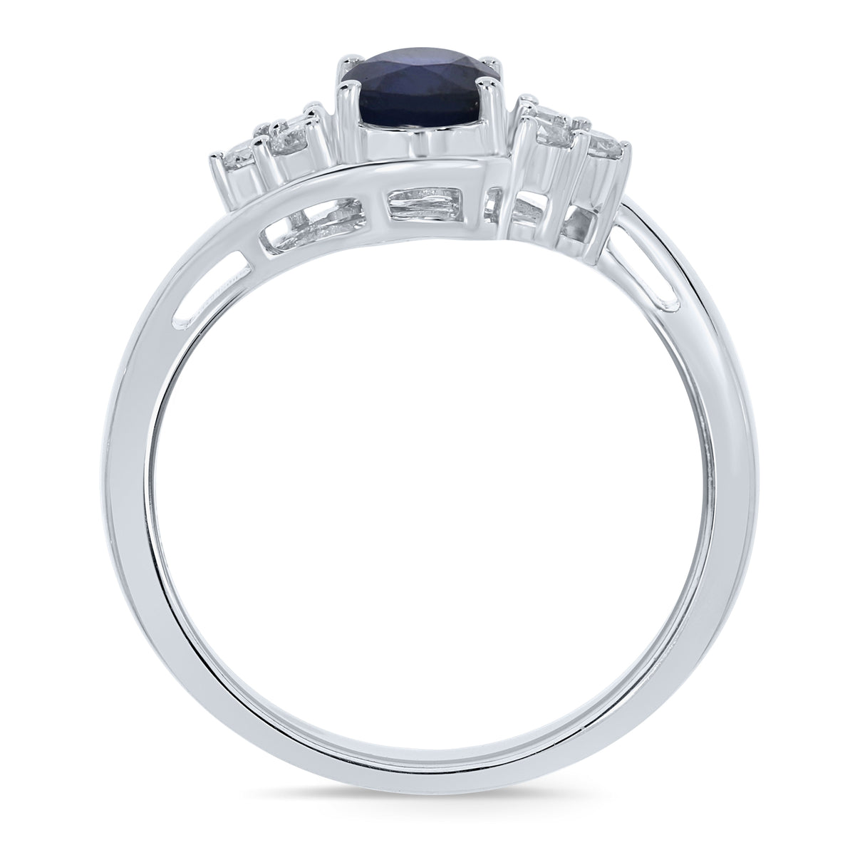 9ct white gold 7x5mm oval sapphire & triple diamond shoulder cross-over ring 0.15ct