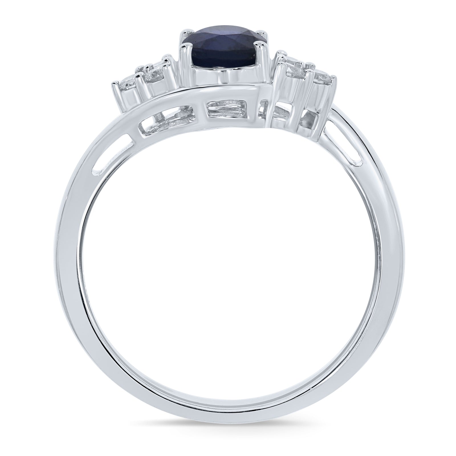 9ct white gold 7x5mm oval sapphire & triple diamond shoulder cross-over ring 0.15ct