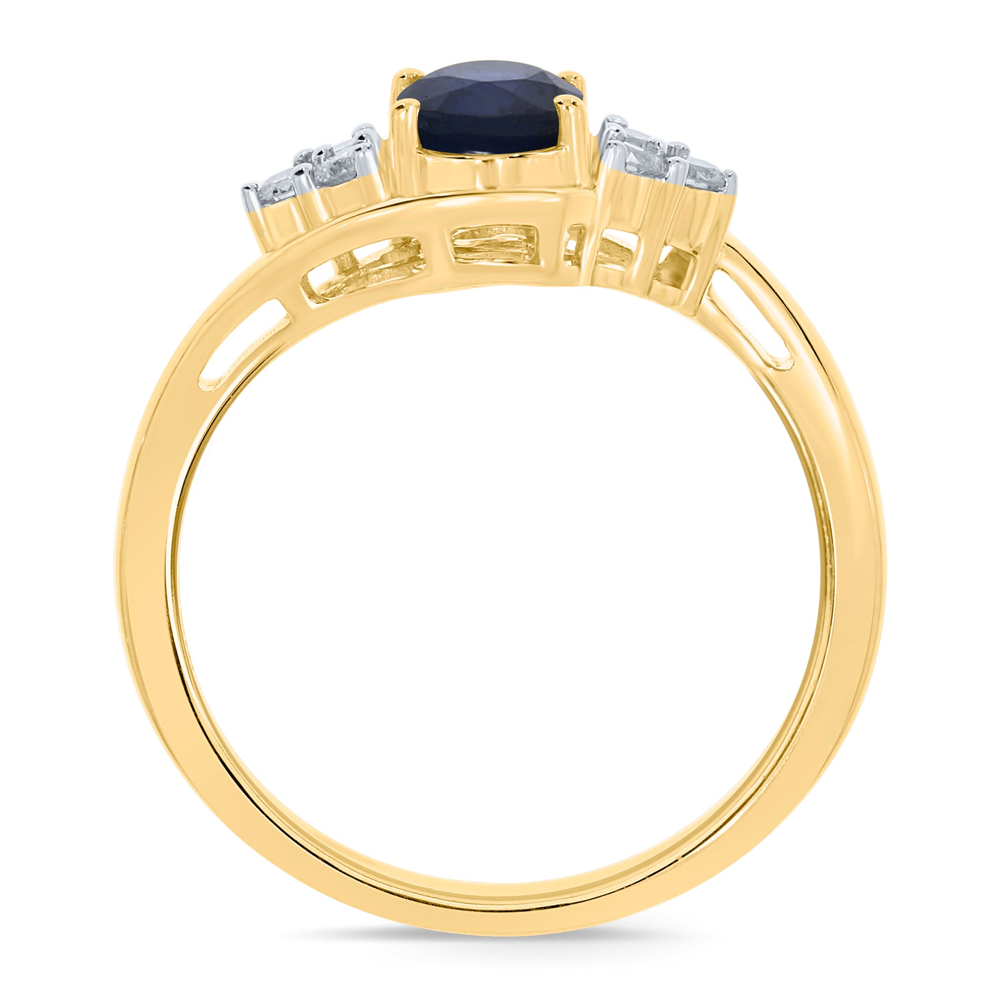 9ct gold 7x5mm oval sapphire & triple diamond shoulder cross-over ring 0.15ct