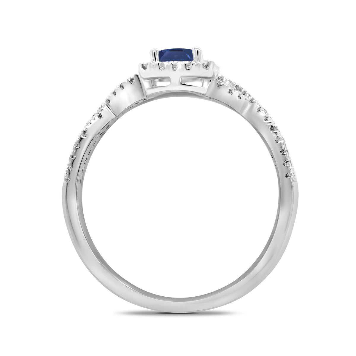 9ct white gold 6x4mm octagon sapphire & diamond cluster ring with diamond set crossover shoulders 0.21ct