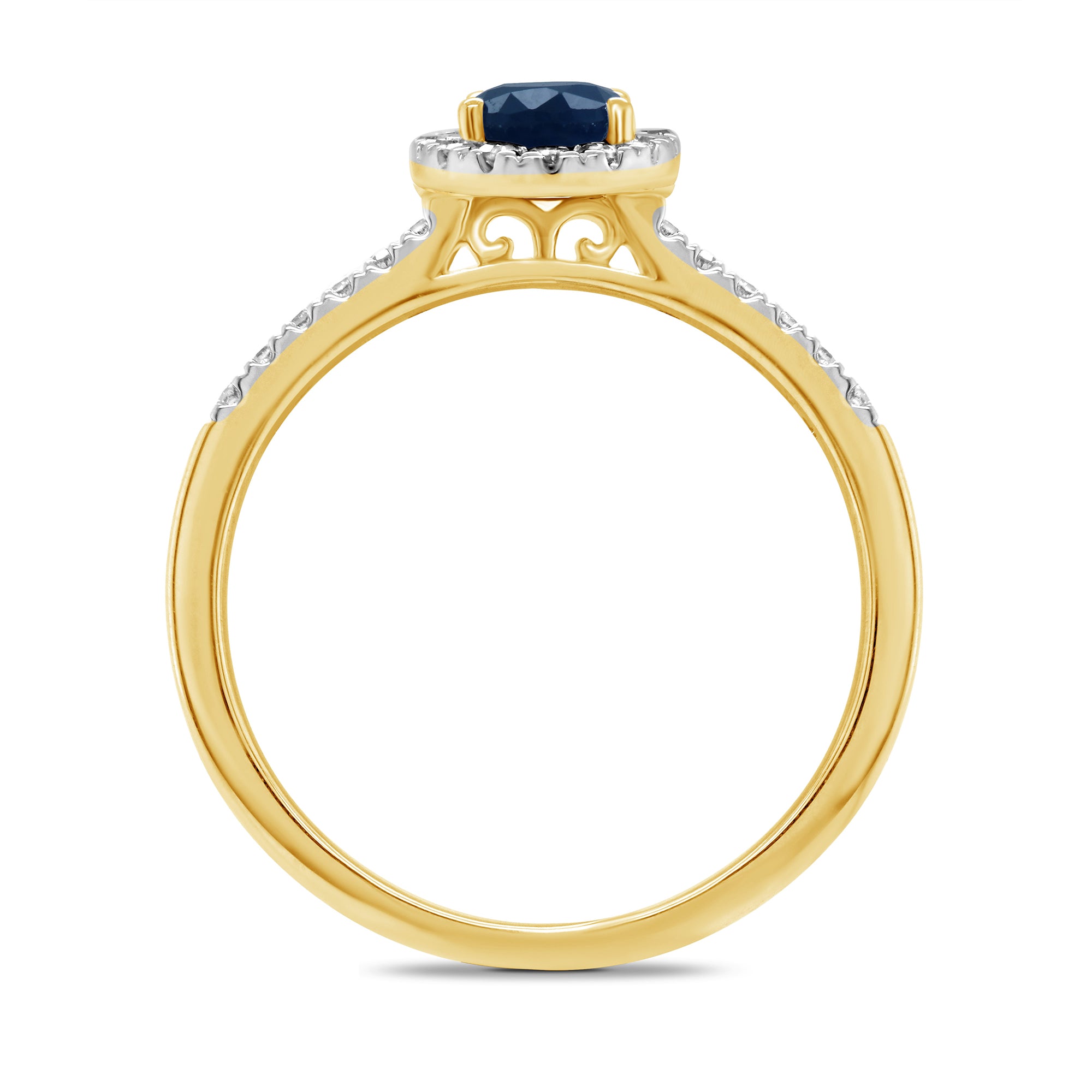9ct gold 6x4mm oval sapphire & diamond cluster ring with diamond set shoulders 0.20ct