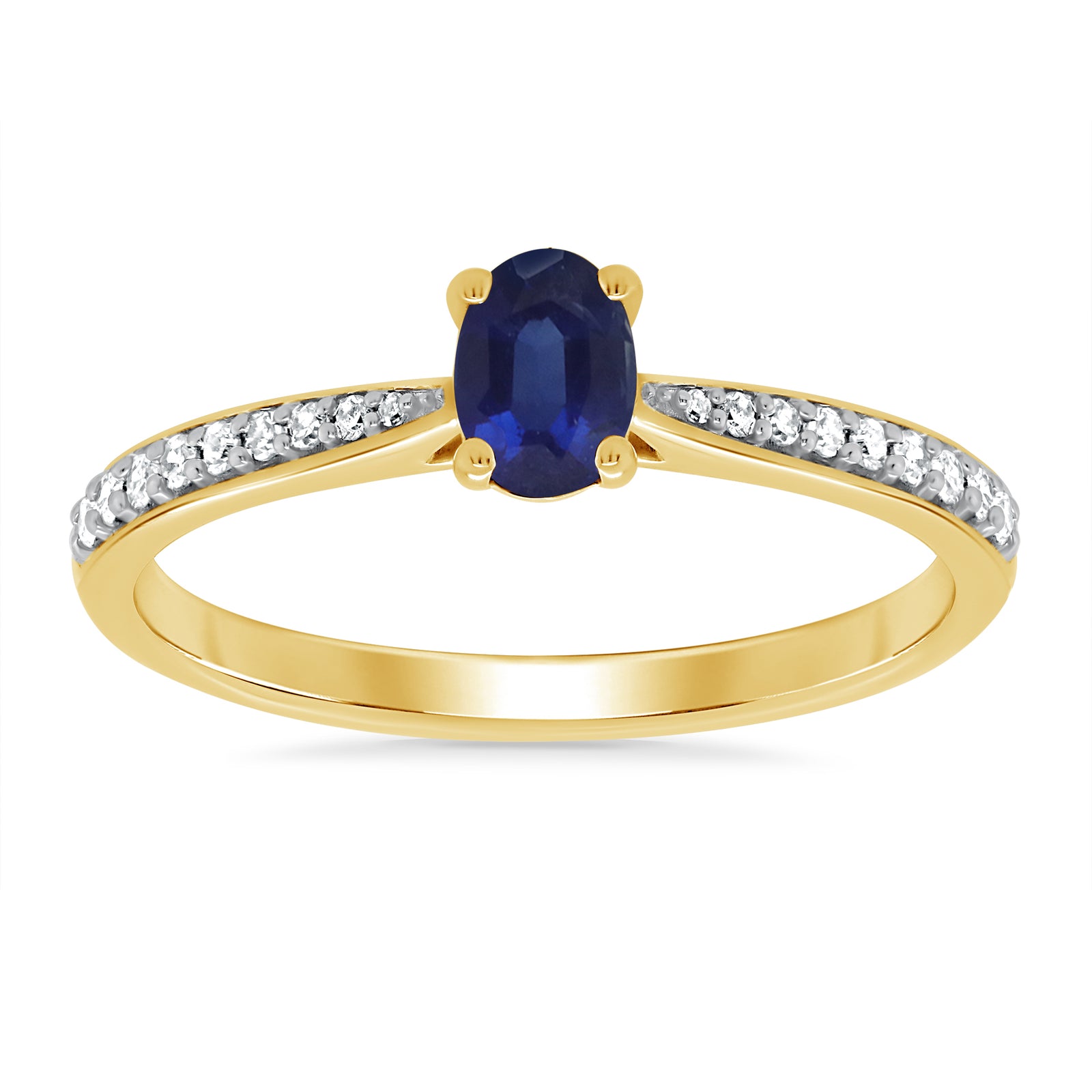 9ct gold 6x4mm oval sapphire & diamond set shoulders ring 0.12ct