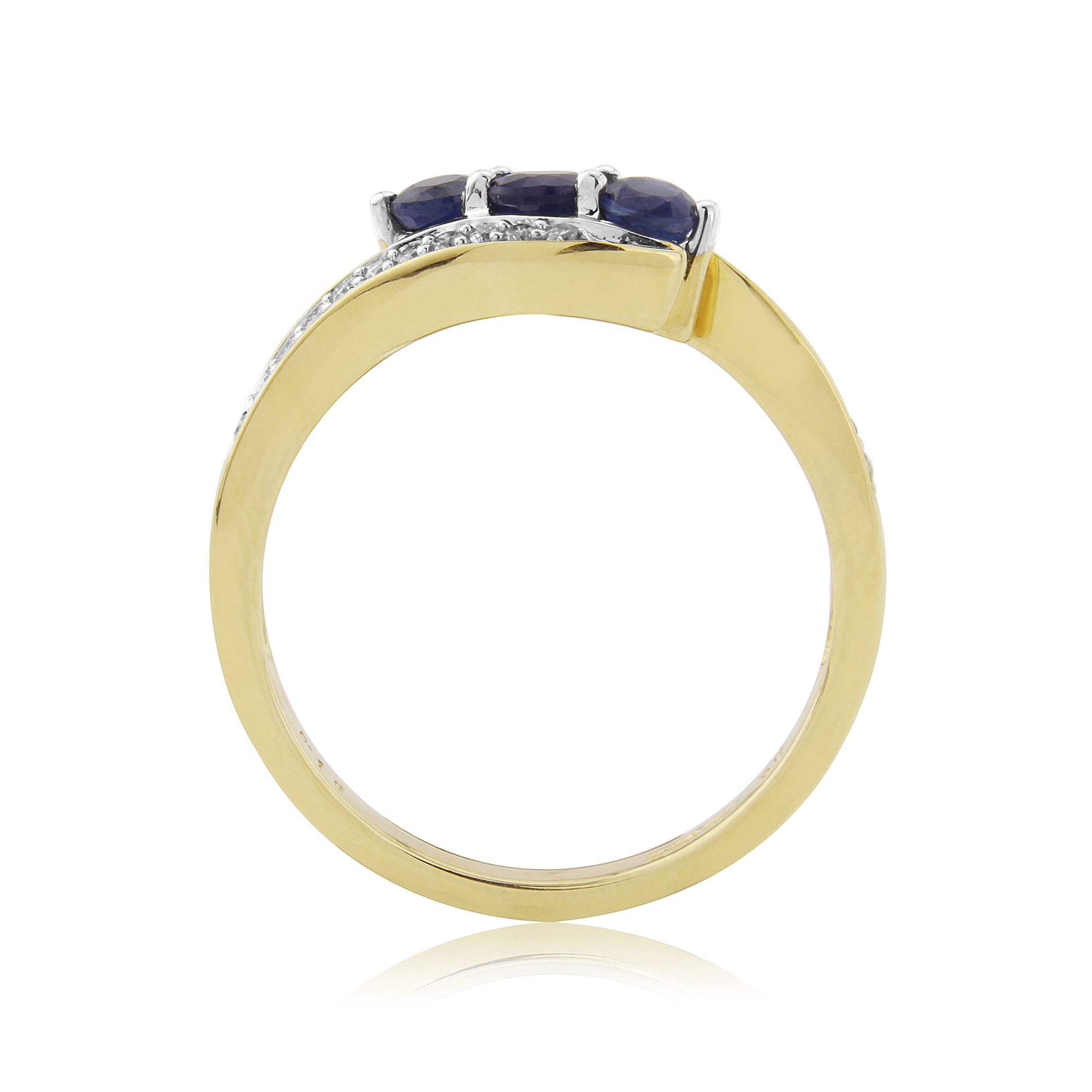 9ct gold three stone sapphire ( 1 x 3.75mm & 2 x 3.25mm) & diamond cross-over ring 0.17ct