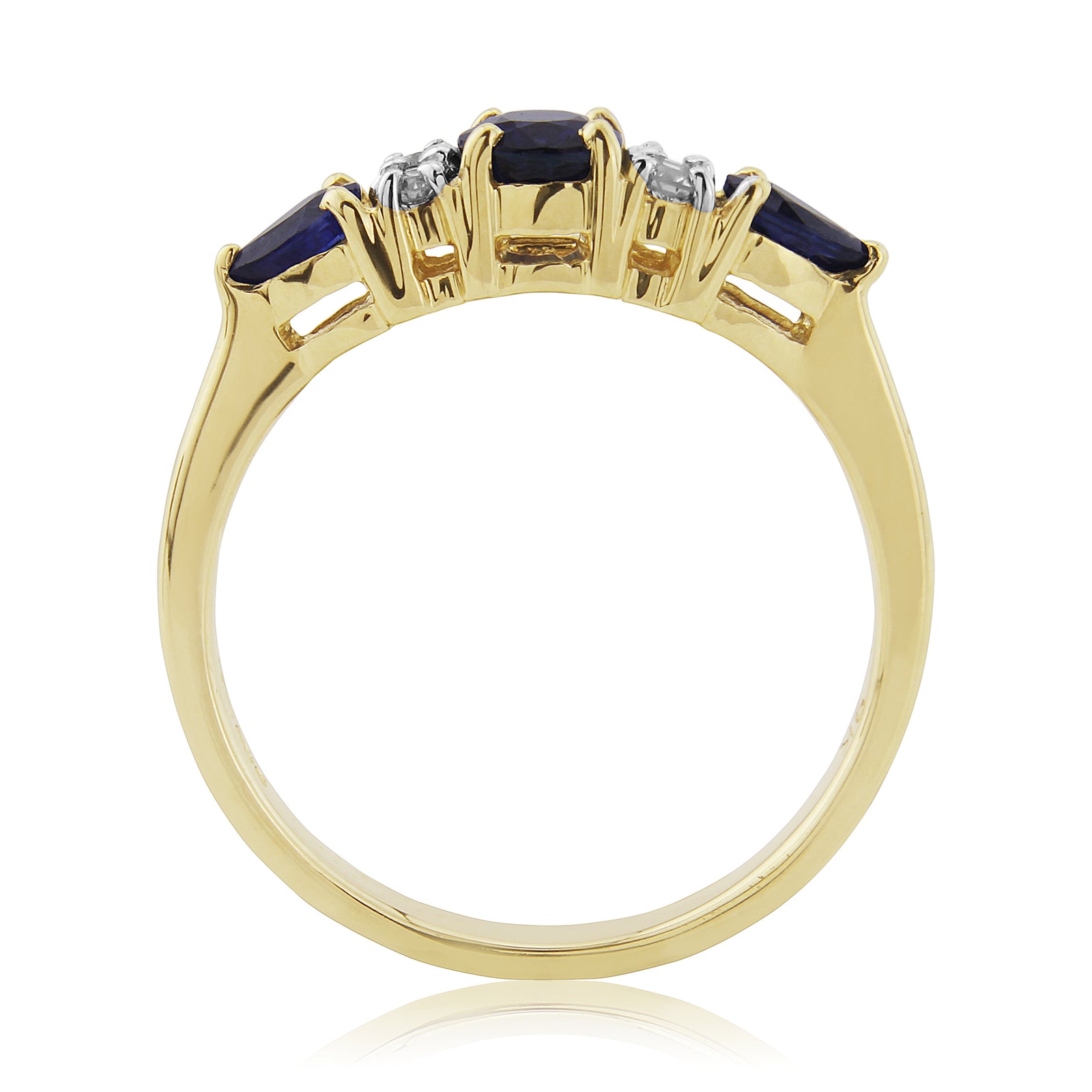 9ct 5x4mm oval sapphire with two 4x3mm pear shape sapphires & diamond ring 0.11ct