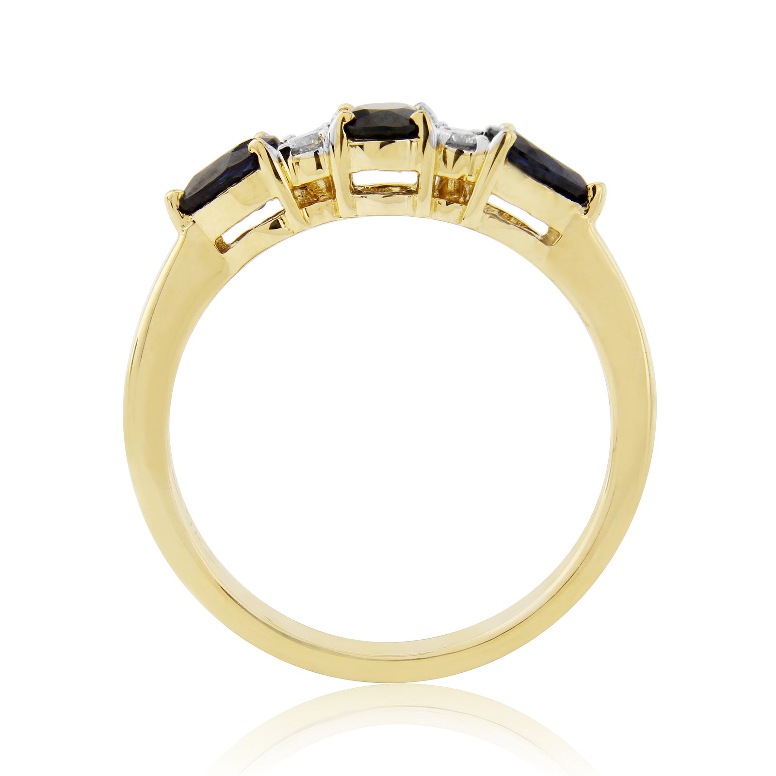 9ct 6x4mm oval sapphire with two 5x4mm pear shape sapphires & diamond ring 0.11ct