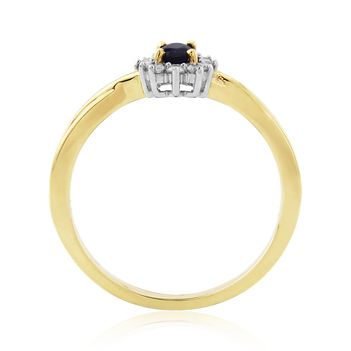 9ct gold 5x3mm oval sapphire & diamond cluster ring with crossover shank 0.11ct