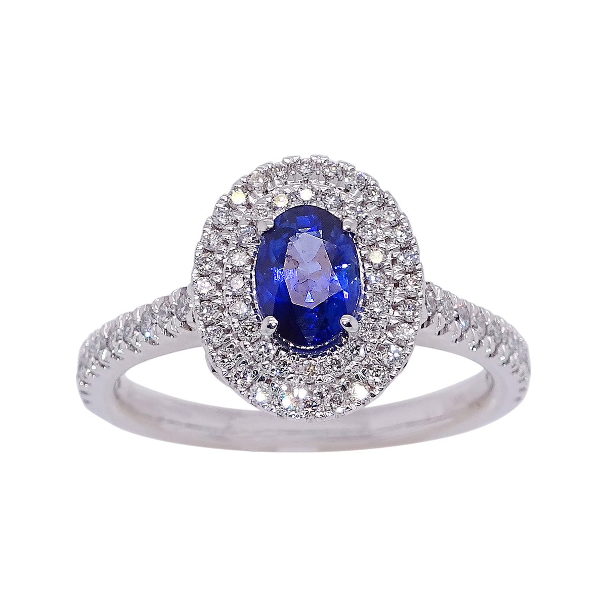 18ct white gold 0.95ct oval cut sapphire (6.76*4.74*3.36mm) &amp; diamond ring with diamond shoulders 0.45ct Size O