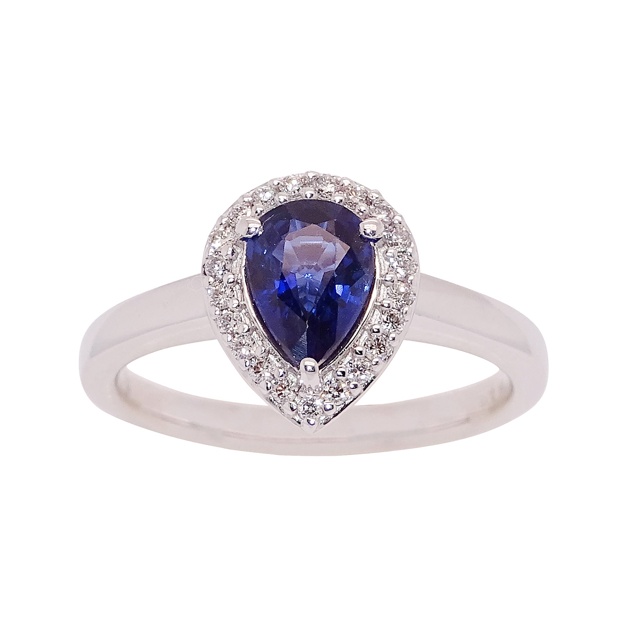 18ct white gold 1.08ct pear cut sapphire (7.62*5.45*3.32mm) & diamond ring 0.15ct Size N