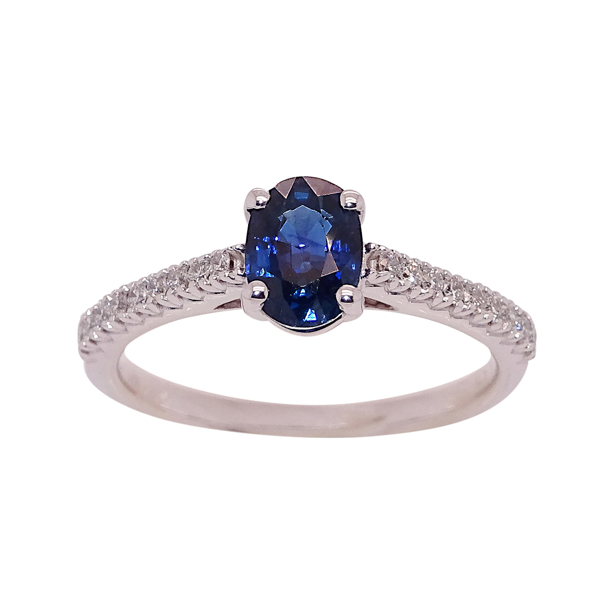 18ct white gold 1.20ct oval cut sapphire (7.10*5.15*3.56mm) &amp; diamond ring with diamond shoulders 0.15ct Size N