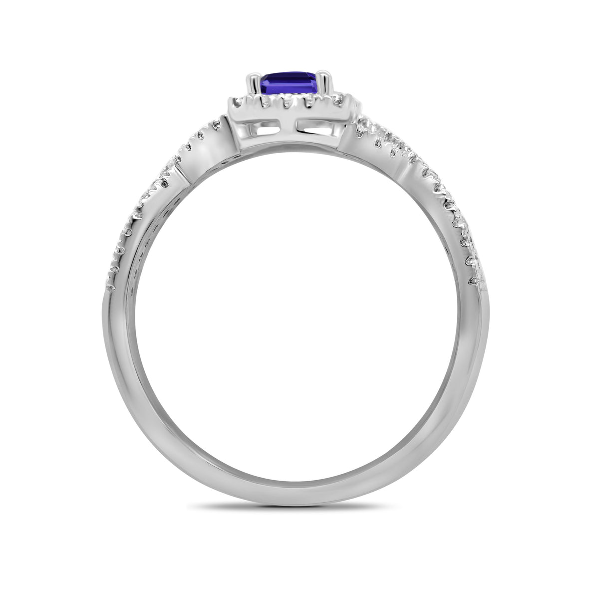 9ct white gold 6x4mm octagon cut tanzanite & diamond set crossover shank cluster ring 0.21ct