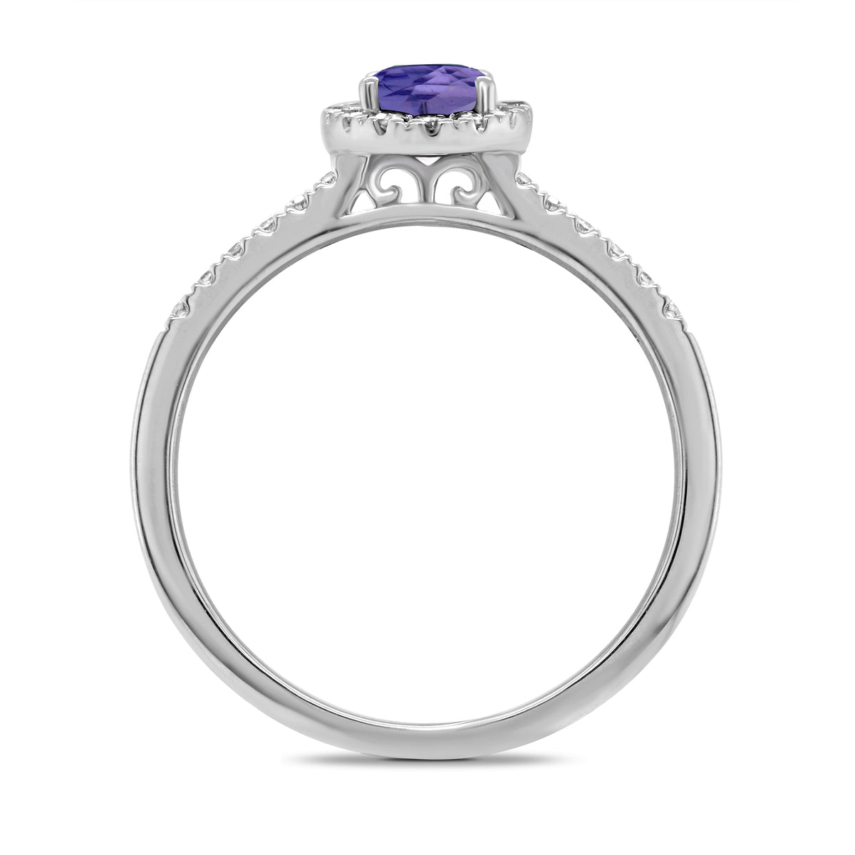 9ct white gold 6x4mm oval tanzanite & diamond cluster ring with diamond set shoulders 0.20ct