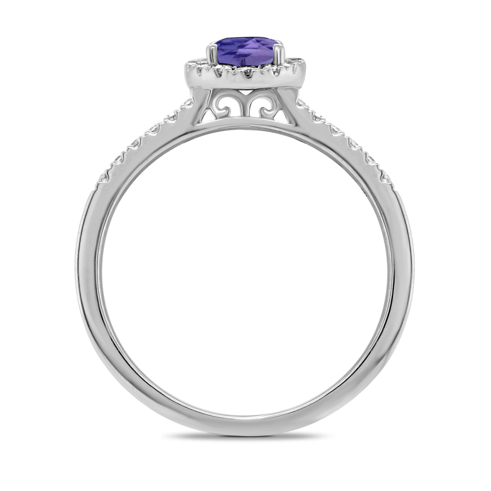 9ct white gold 6x4mm oval tanzanite & diamond cluster ring with diamond set shoulders 0.20ct