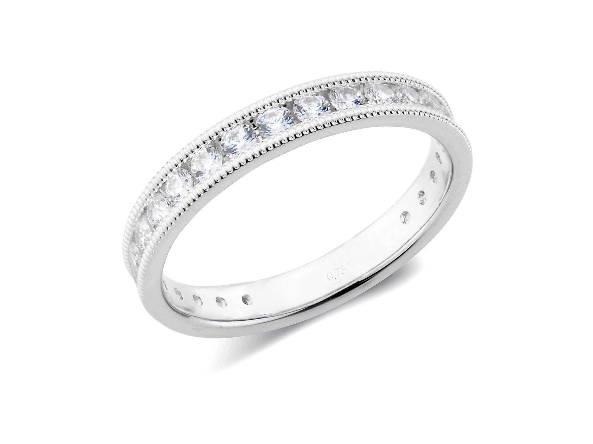 0.75ct channel set brilliant cut full diamond milgrain edge band ring