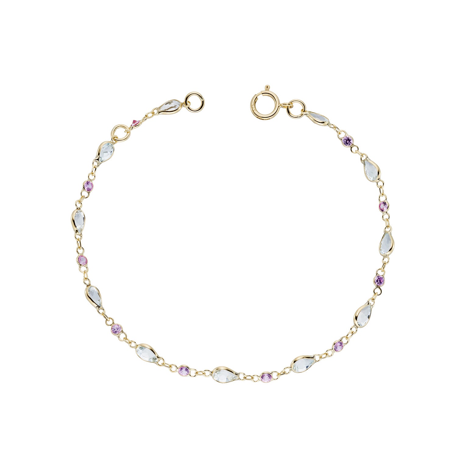 9ct gold pink sapphire and aquamarine handmade bracelet