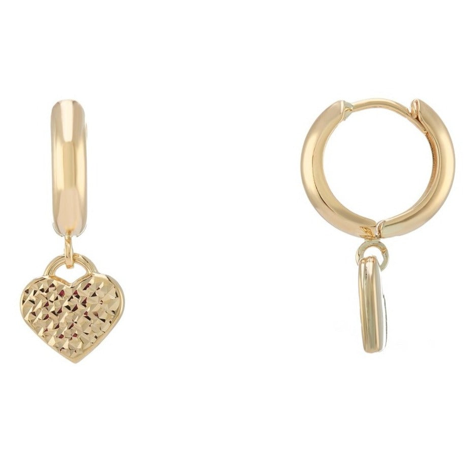 9ct gold huggy & d/c heart drop earrings