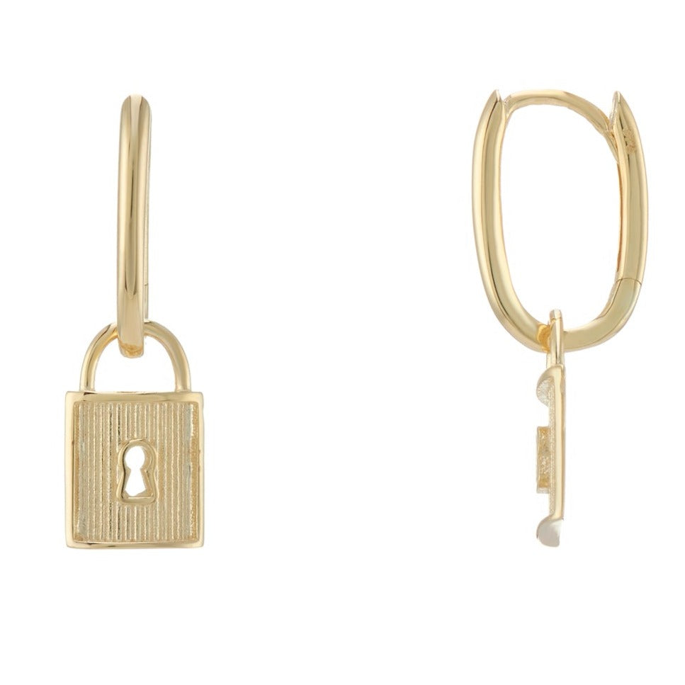 9ct gold huggy & padlock drop earrings