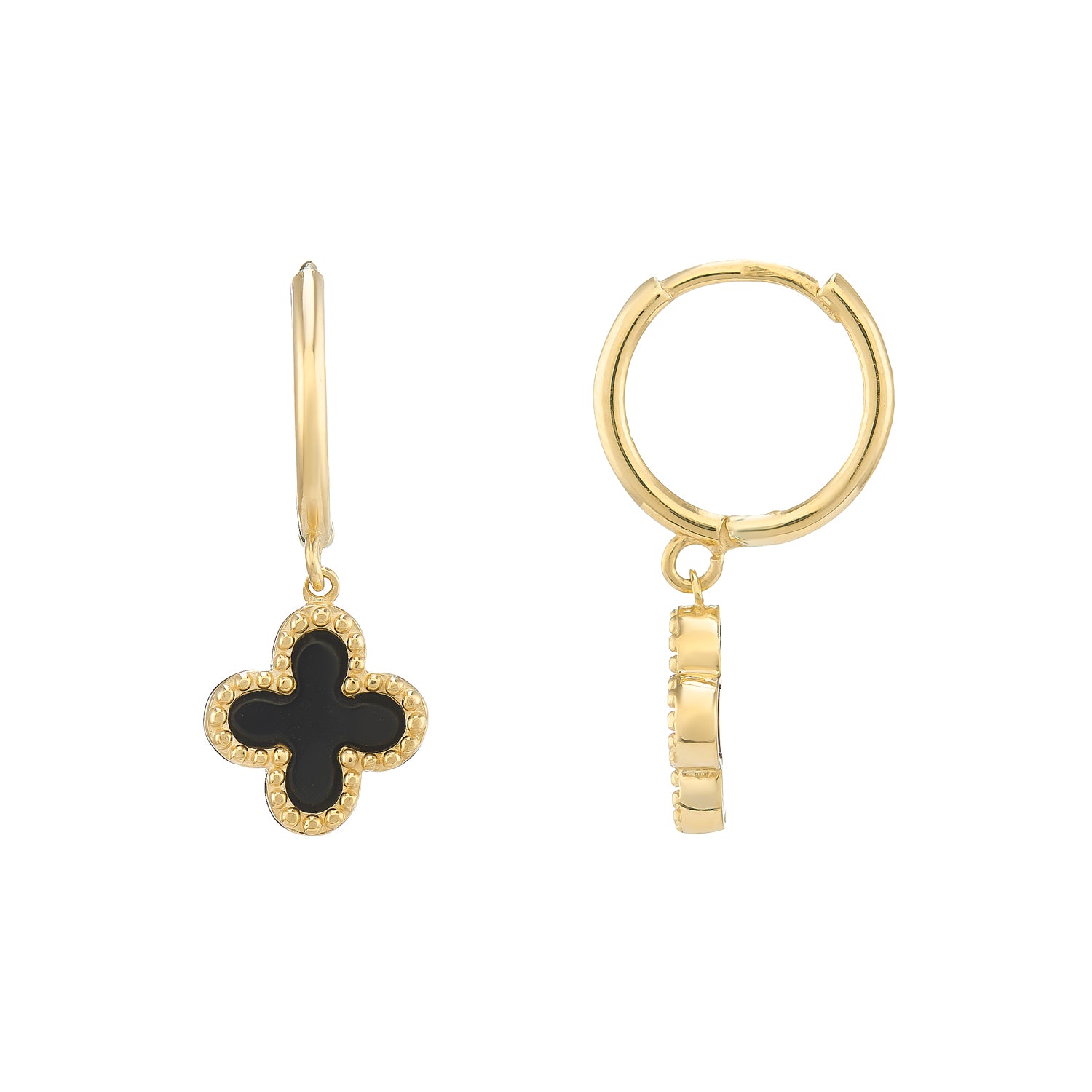 9ct Gold Onyx Clover Leaf Drop Earrings