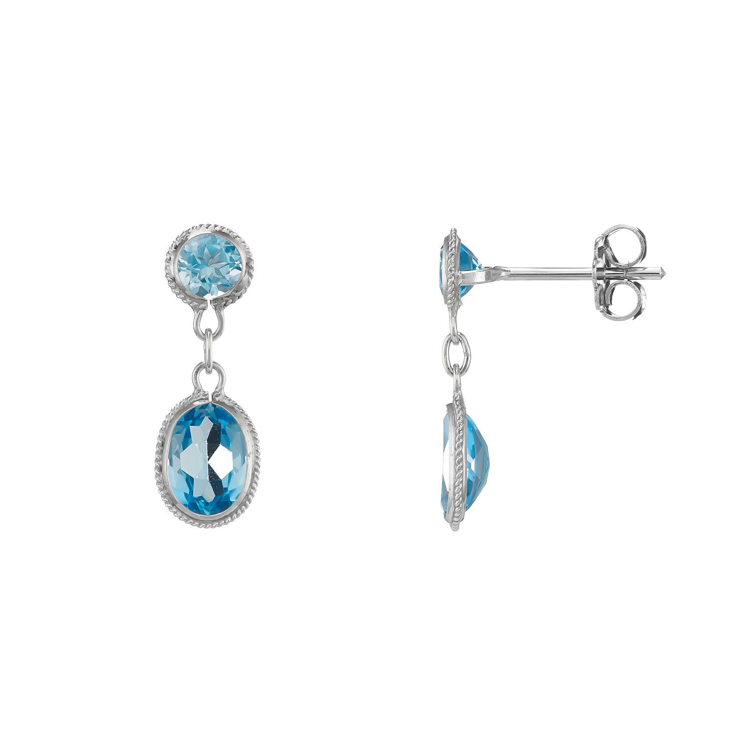 9ct white gold Blue Topaz round & oval drops