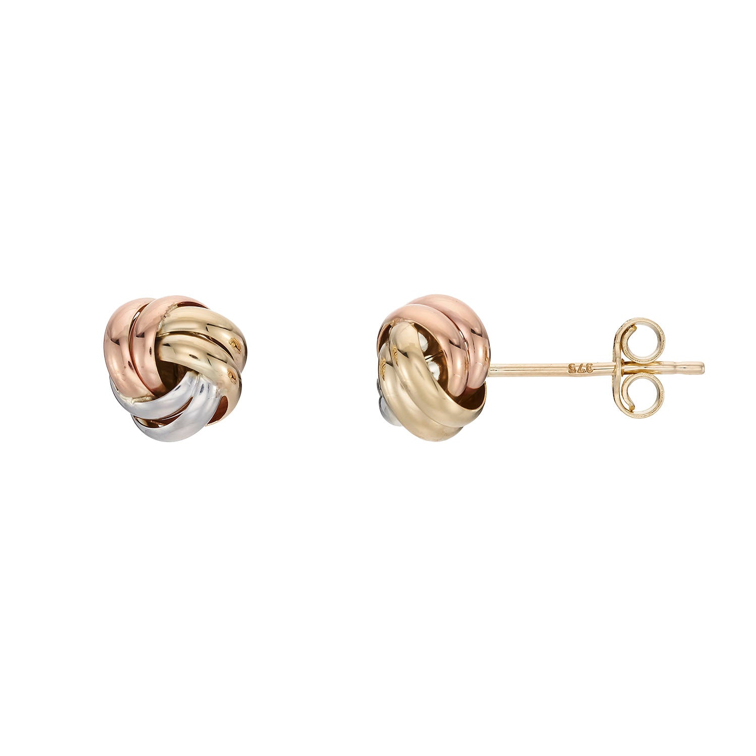 9ct 3 colour gold oval knot studs