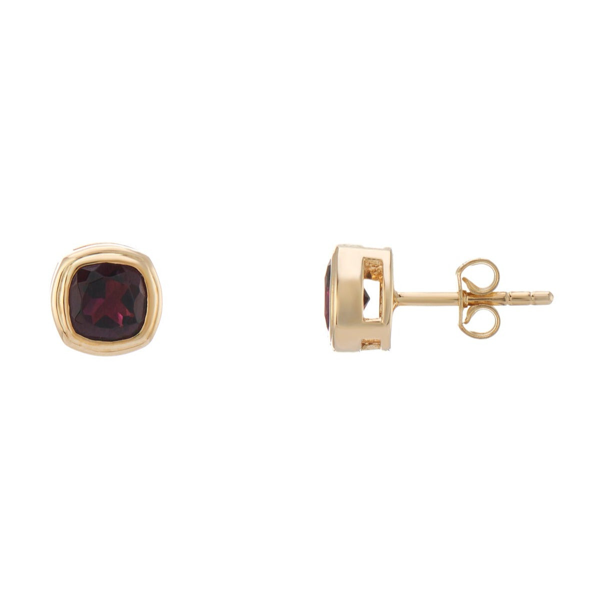 9ct gold 5mm cushion shape rub over set garnet stud earrings