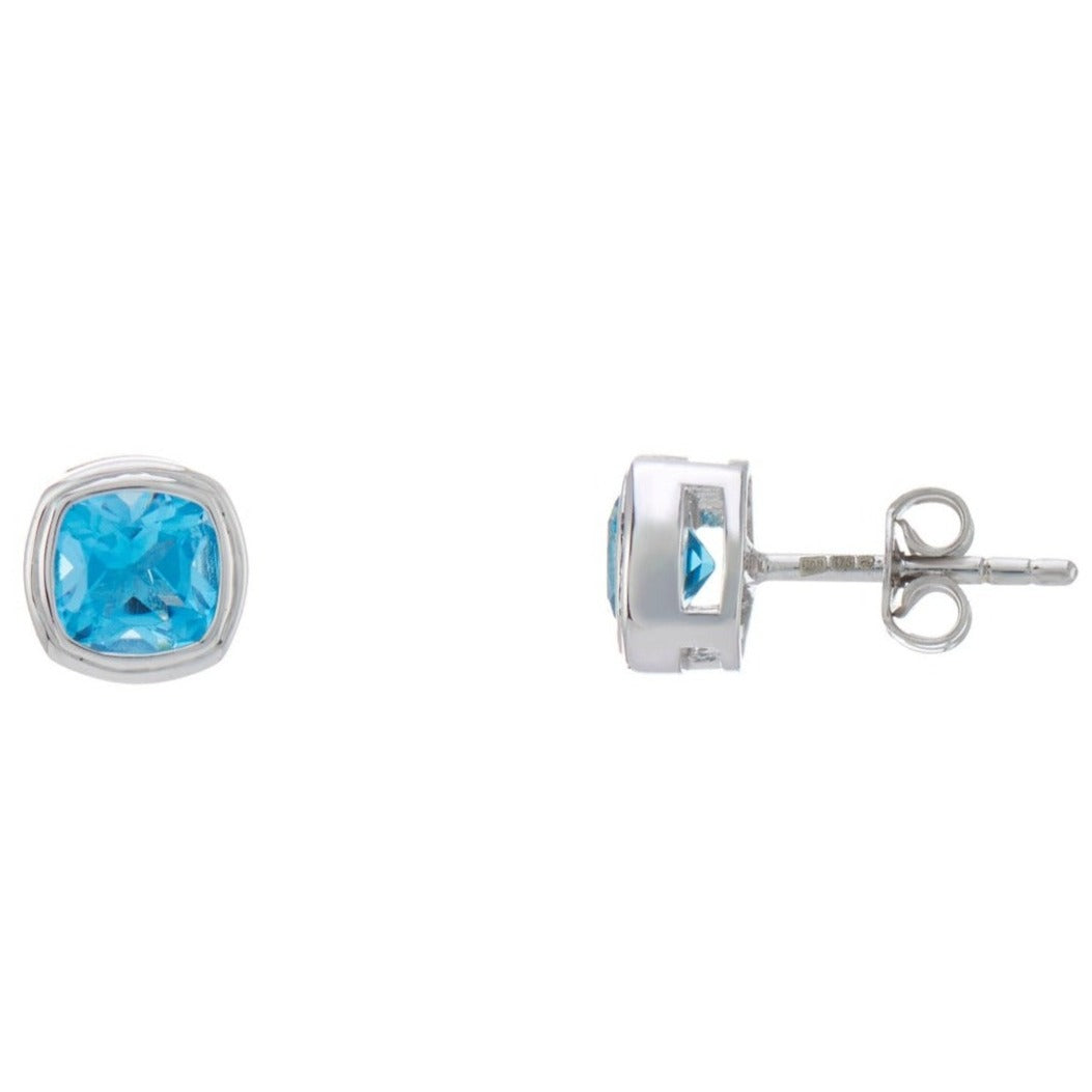 9ct white gold 5mm cushion shape rub over set blue topaz stud earrings
