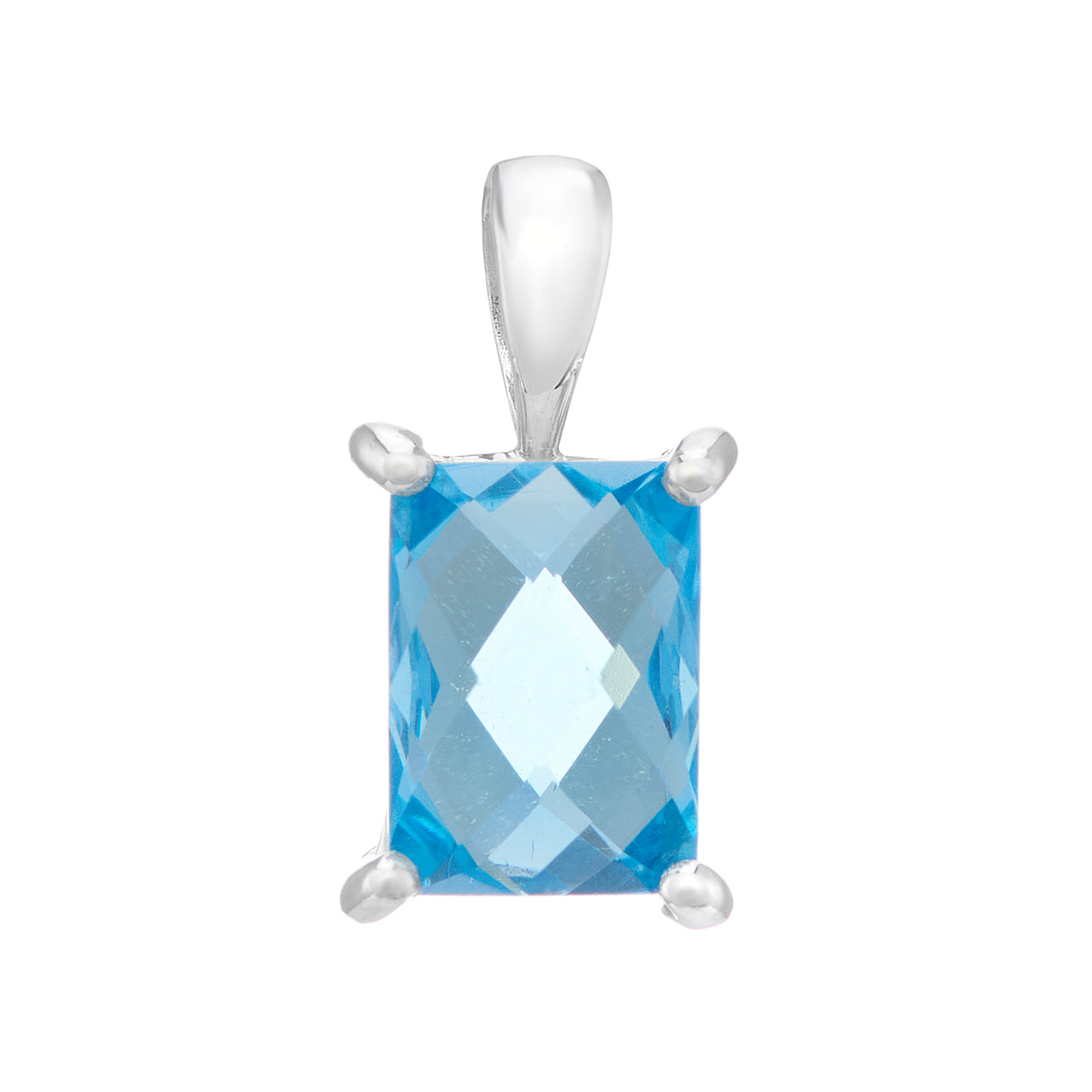 9ct white gold 7x5mm rectangular checkerboard cut blue topaz pendant