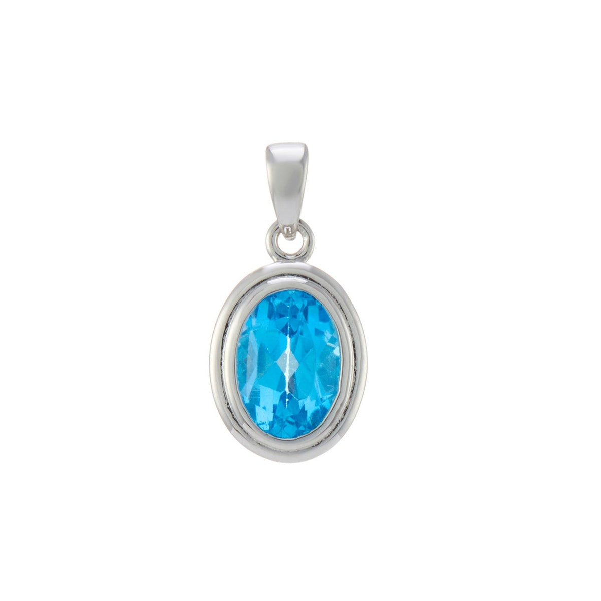 9ct white gold 7x5mm oval rub over set blue topaz pendant