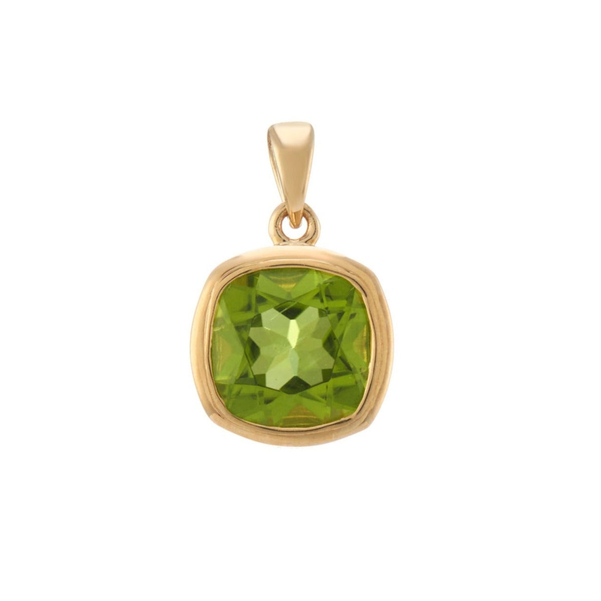 9ct gold 7mm cushion shape rub over set peridot pendant