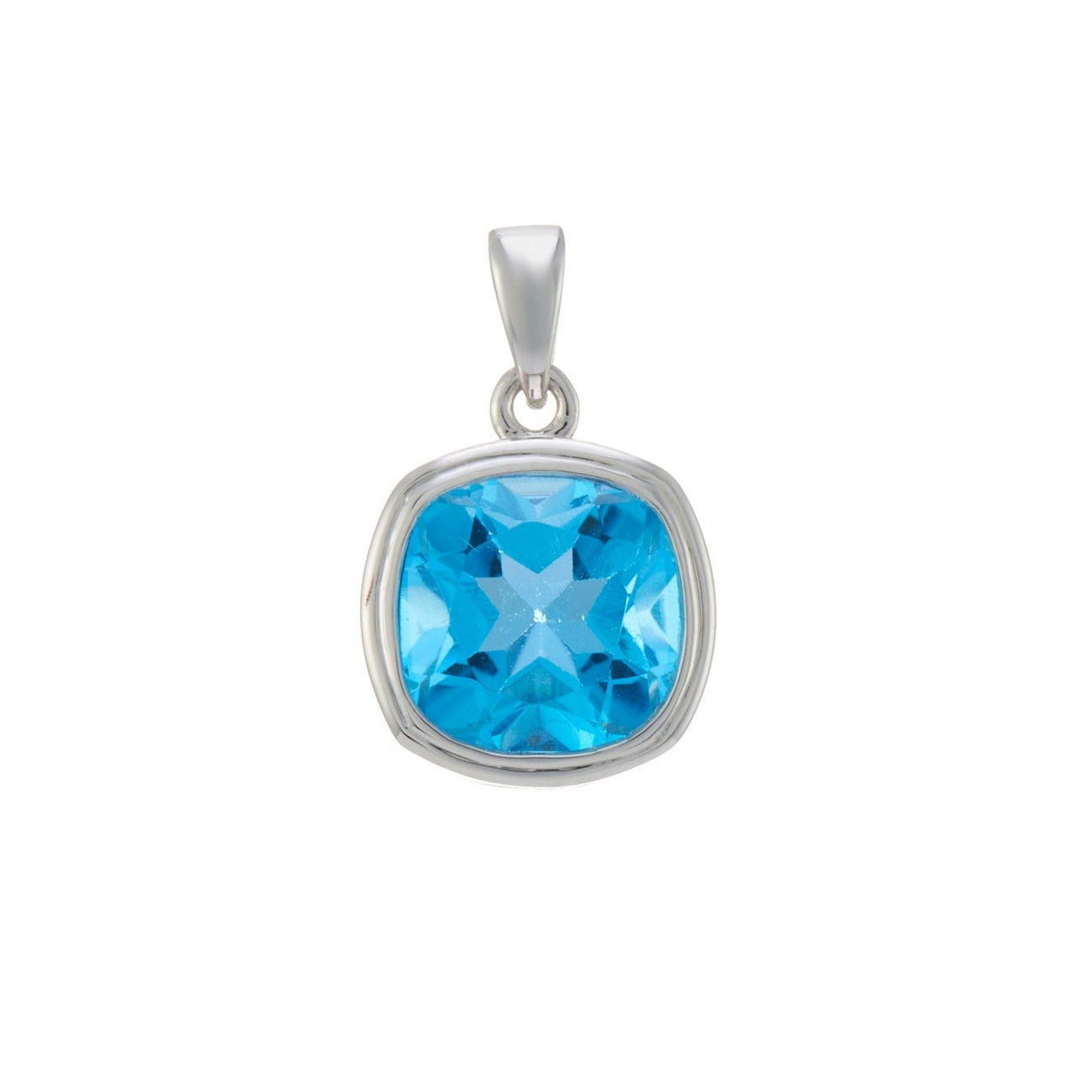 9ct white gold 7mm cushion shape rub over set blue topaz pendant