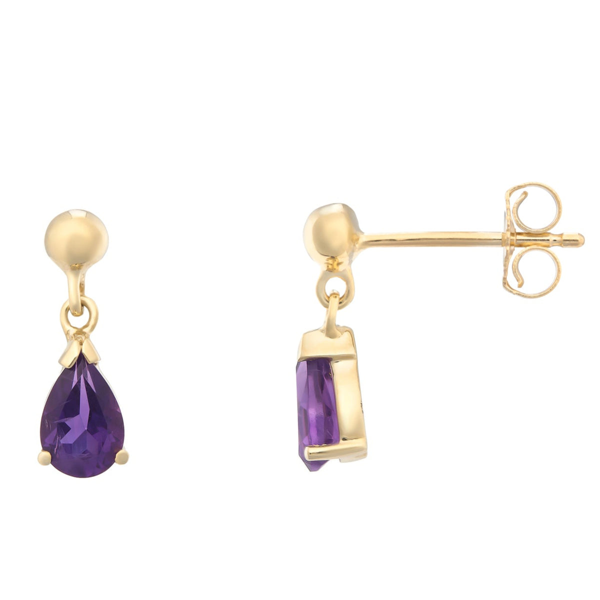 9ct gold 6x4mm pear shape amethyst drop earrings