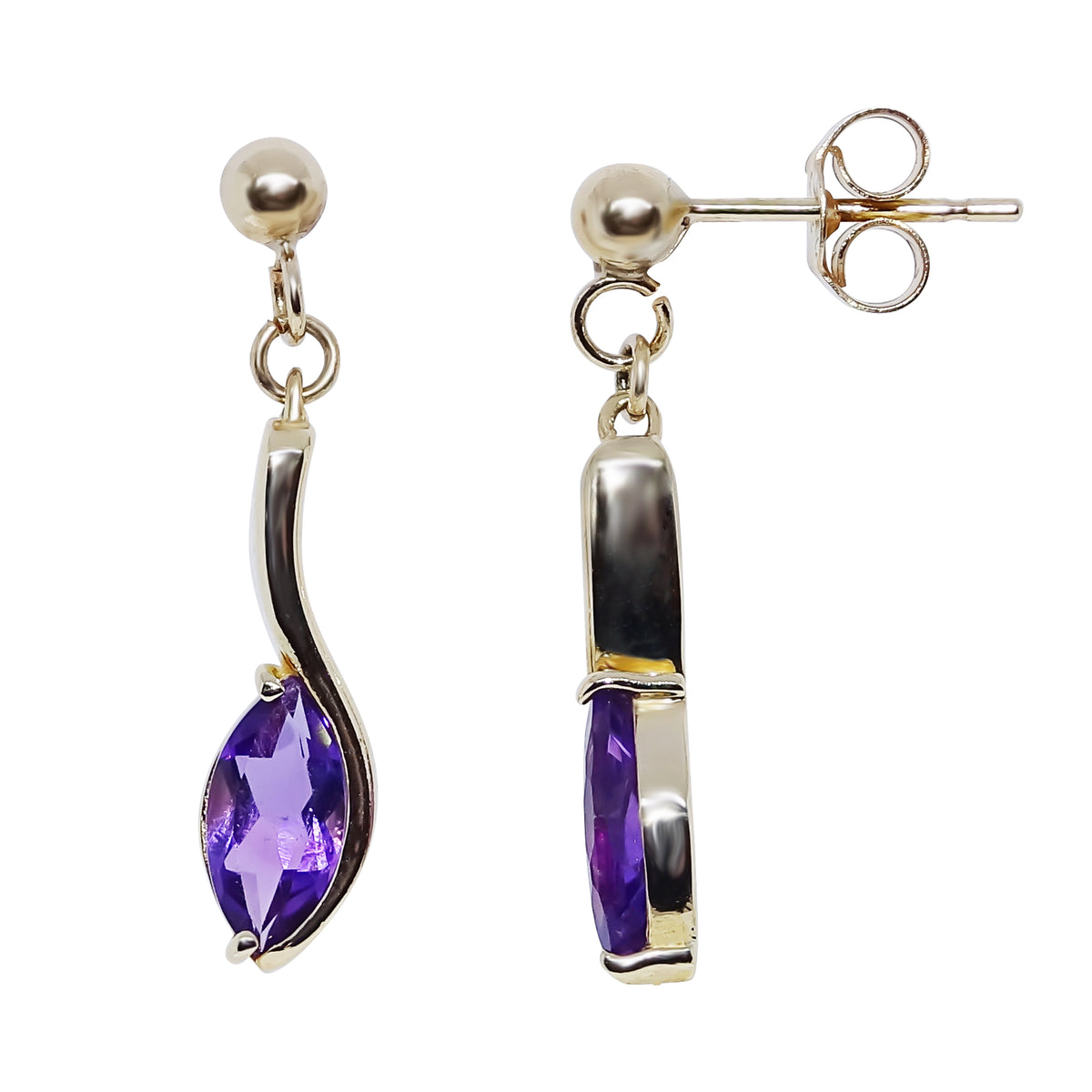 9ct gold 8x4mm marquise shape amethyst drop earrings