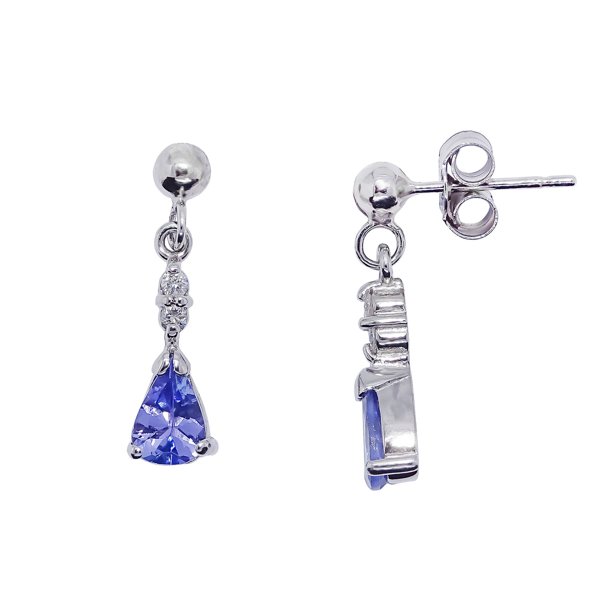 9ct white gold 6x4mm pear shape tanzanite &amp; diamond drop earrings 0.04ct