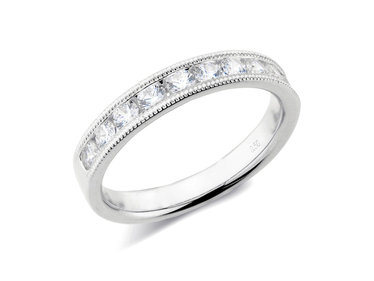 0.50ct channel set brilliant cut diamond milgrain edge band ring