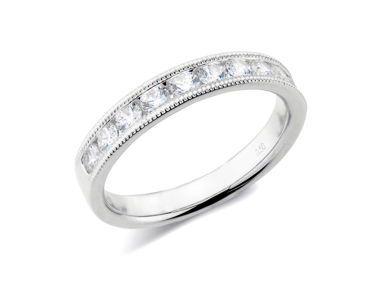 0.50ct channel set brilliant cut diamond milgrain edge band ring