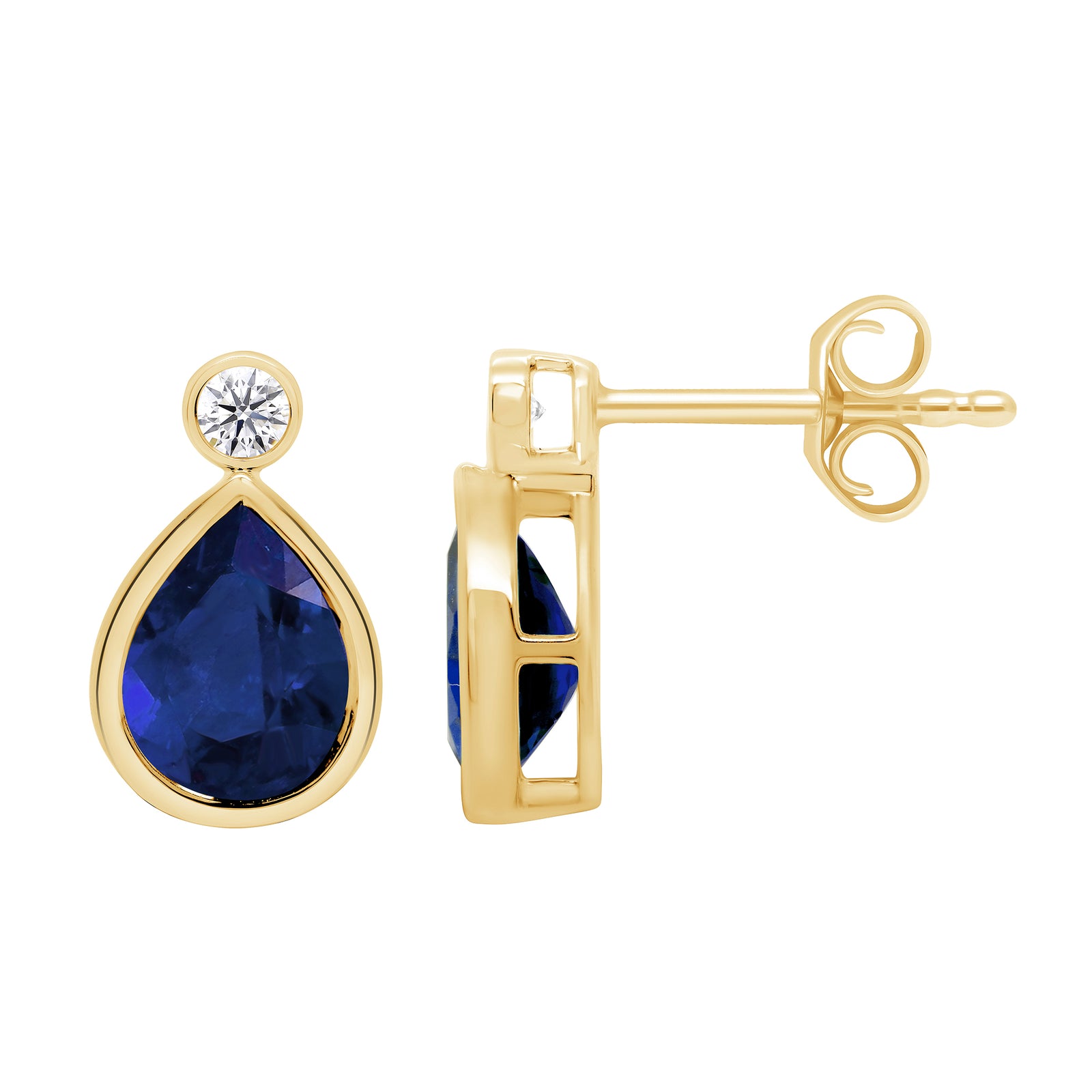 9ct gold Lab Created Sapphire 8x6mm pear & E/VS Diamonds rub over earrings 0.10cts LG