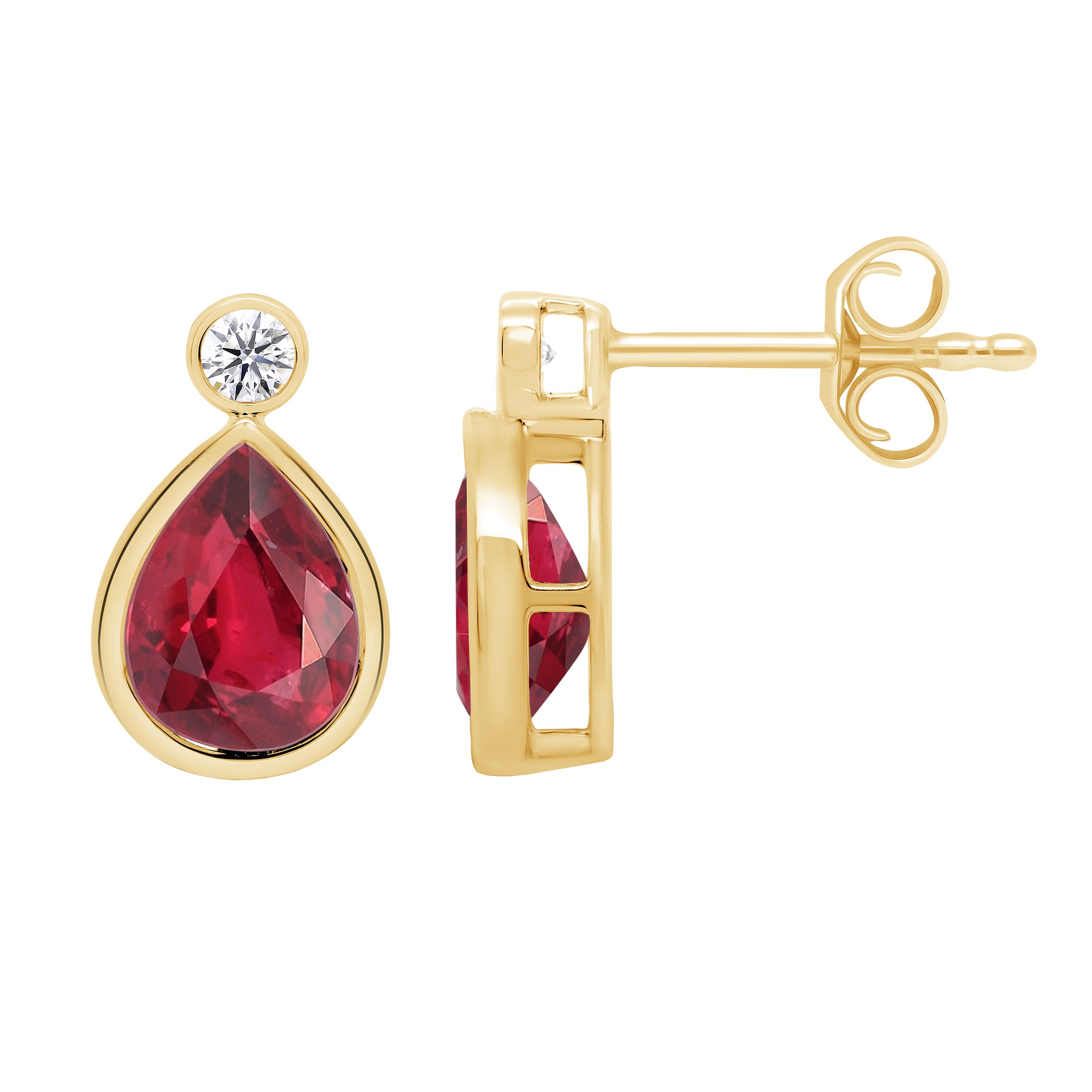 9ct gold Lab Created Ruby 8x6mm pear & E/VS Diamonds rub over earrings 0.10cts LG