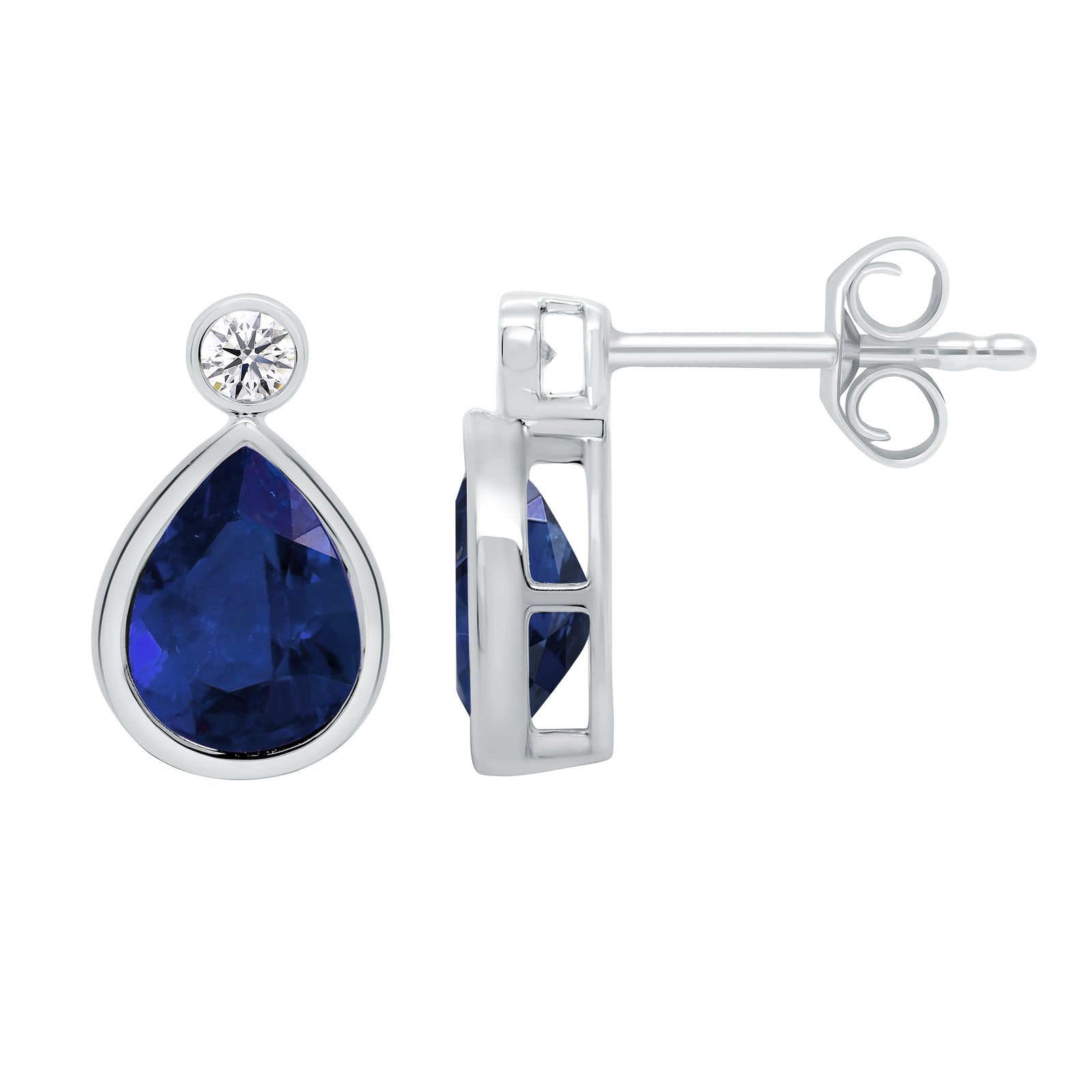 9ct white gold Lab Created Sapphire 8x6mm pear & E/VS Diamonds rub over earrings 0.10cts LG