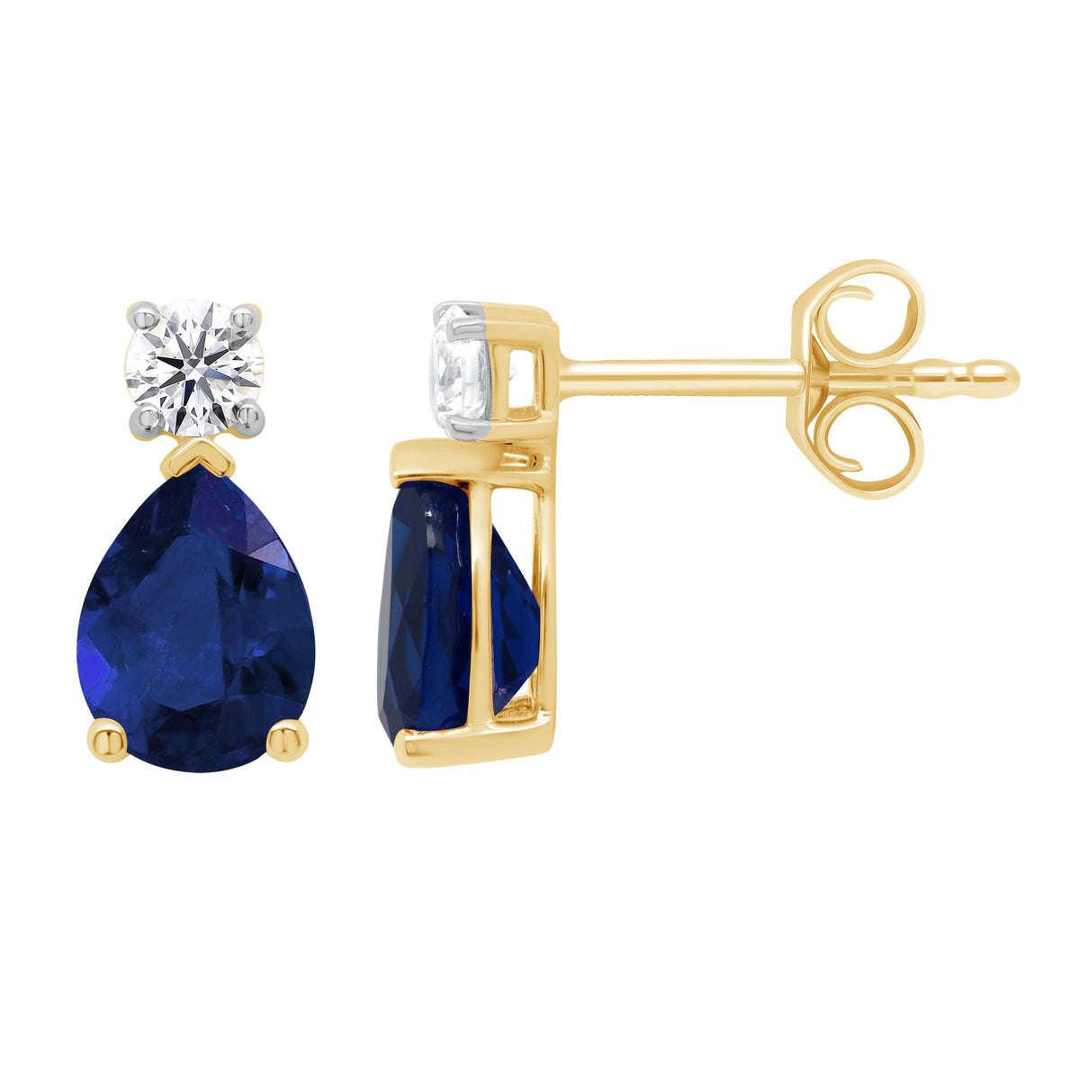 9ct gold Lab Created Sapphire 8x6mm pear &amp; E/VS Diamonds earrings 0.30cts LG