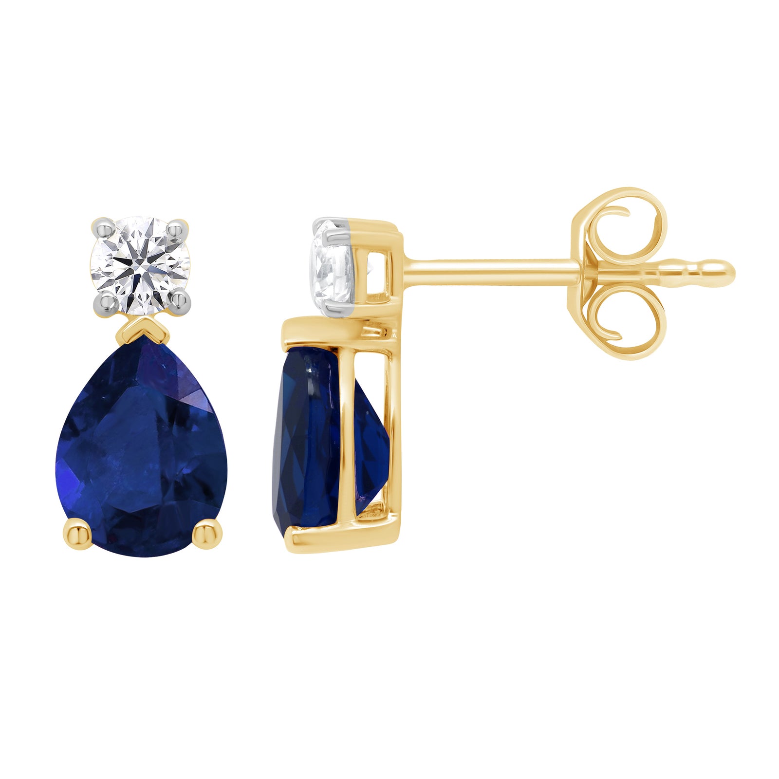 9ct gold Lab Created Sapphire 8x6mm pear & E/VS Diamonds earrings 0.30cts LG