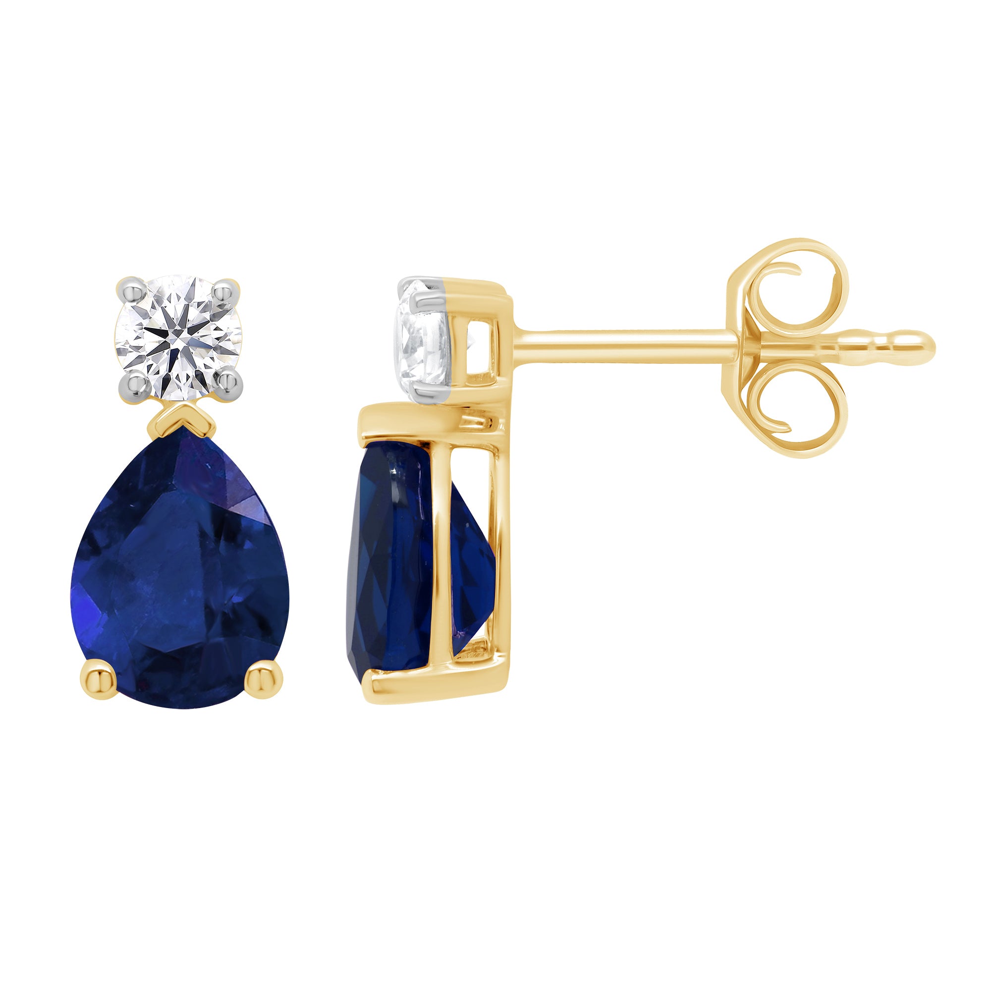 9ct gold Lab Created Sapphire 8x6mm pear & E/VS Diamonds earrings 0.30cts LG